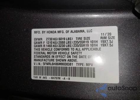 2021 Honda Odyssey Touring z USA, uszkodzony, nr VIN 5FNRL6H86MB030381
